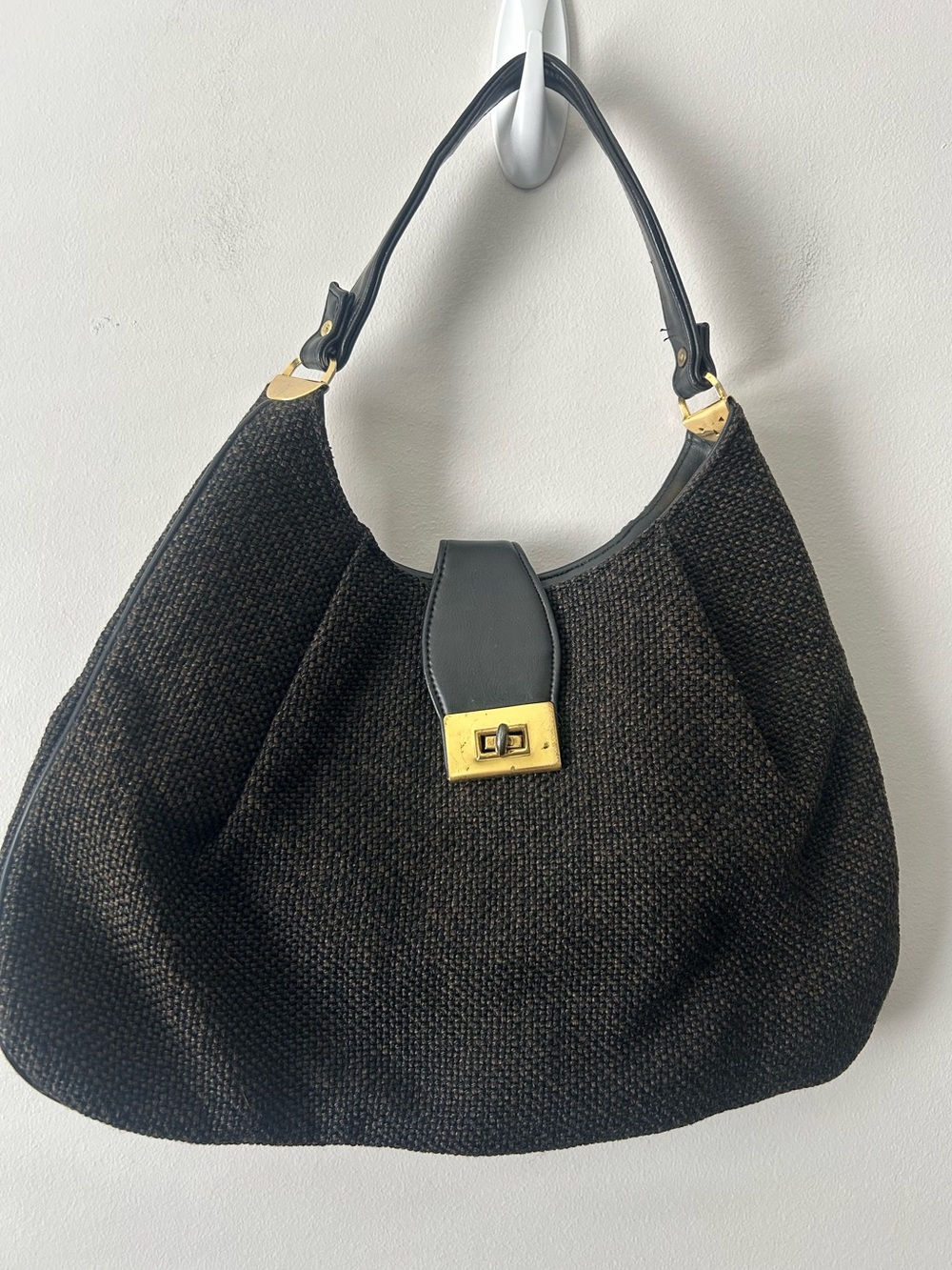 Vintage Black tweed Woven Shoulder Bag with Gold Hardware